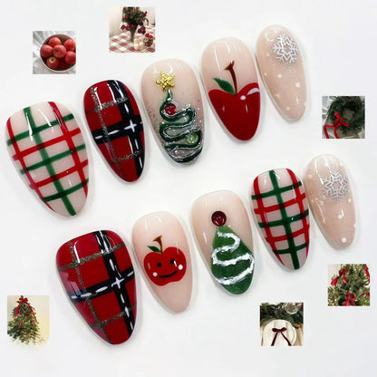 24Pcs Christmas French Fake Nail Tips with Red Diamond Almond Head Wearable Press on Nails Snowflake Xmas Style False Nails Set