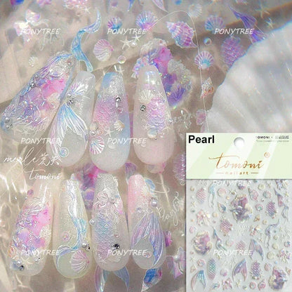 Gold Stamped Shell Conch Scallop Starfish Pearl 5D Embossed Self Adhesive Nail Art Stickers Delicate Ocean Style Manicure Decals