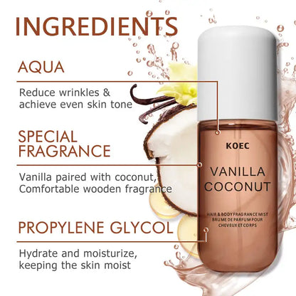 KOEC Vanilla & Coconut Fragrance Mist Perfume Refreshing Moisturizing Triple Notes Plant Fragrances Propylene Glycol