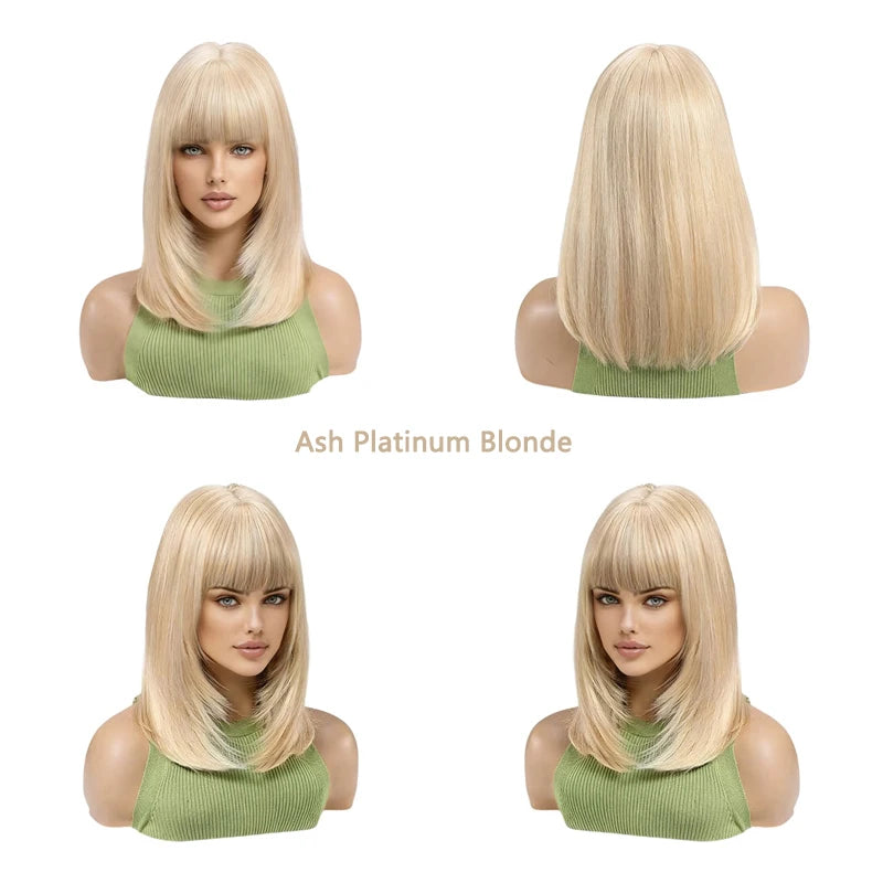#613 Platinum Blonde Short Bob Wig with Bangs Natural Straight Shoulder Length Wig Heat Resistant Synthetic Daily Wear Full Wig