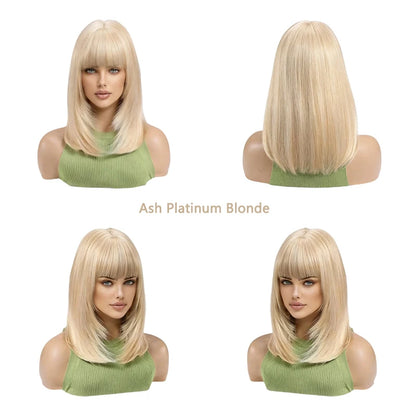 #613 Platinum Blonde Short Bob Wig with Bangs Natural Straight Shoulder Length Wig Heat Resistant Synthetic Daily Wear Full Wig
