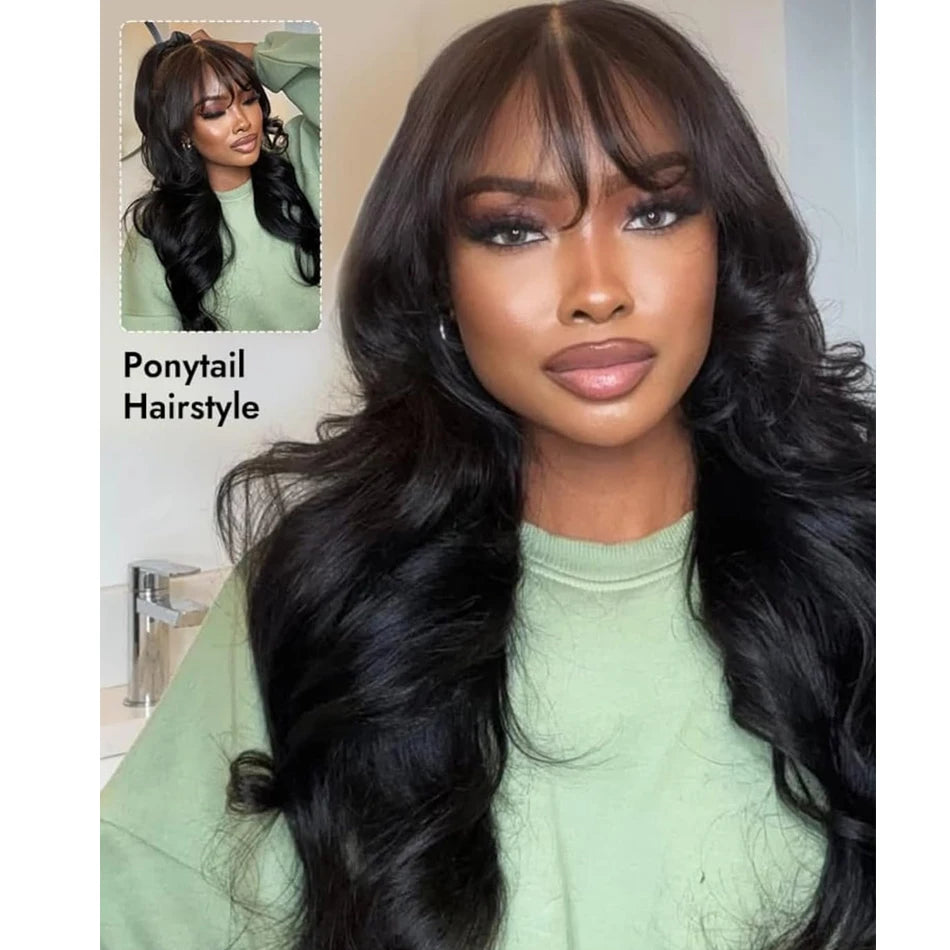 250% 3X1 Middle Part Lace Wig Full Machine Made 15A Body Wave Wigs With Bangs Easy To Go Human Hair For Black Women Natural Look