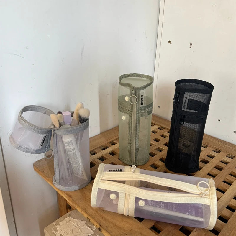 【Mesh Dual-use Makeup Brush Storage Bag Portable Brush Case Large Capacity Brush Bucket Holder Travel Stand-up Pouch】