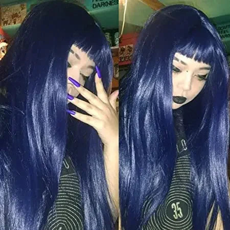 Synthetic Replacement Hair Wig With Bangs Blue Color Heat Resistant  Wigs for Fashion Women