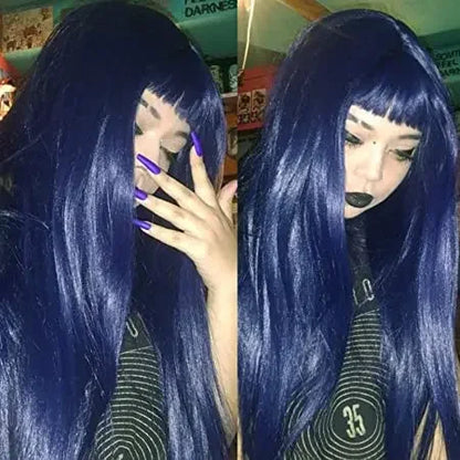 Synthetic Replacement Hair Wig With Bangs Blue Color Heat Resistant  Wigs for Fashion Women