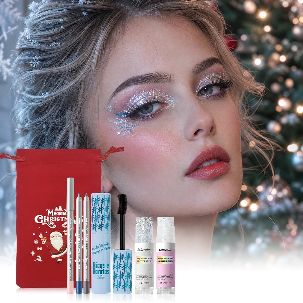 Christmas Cold Tone Eye Makeup Set Gel Glitter Stick Eyeliner Pencil Mascara Waterproof Long Lasting Smudge Proof for Party Gift