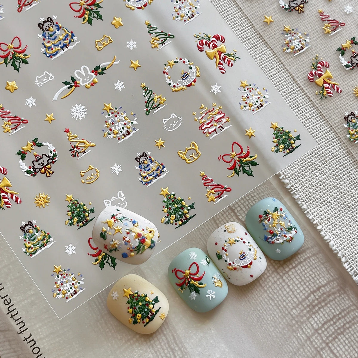 1pcs Gold-foiled Christmas Tree 5D Nail Stickers Bow Holly Snowflake Wreath Christmas Nail Decals Cartoon Merry Christmas Decora