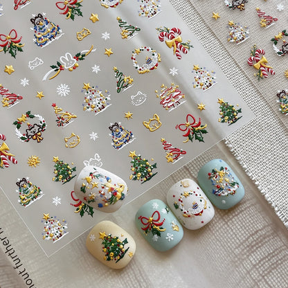 1pcs Gold-foiled Christmas Tree 5D Nail Stickers Bow Holly Snowflake Wreath Christmas Nail Decals Cartoon Merry Christmas Decora