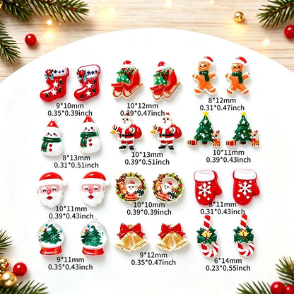 50pcs Mixed Kawaii Resin Christmas Nail Charms Xmas Santa Tree Sock Elk Bell Candy Cane Nail Ornament Flatback Nail Accessories