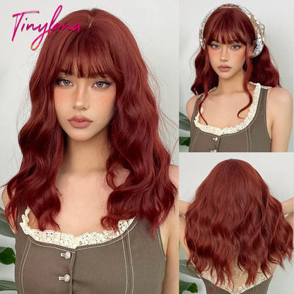 Curly Short Bob Brown Wavy Synthetic Wigs with Bangs Lolita Cosplay Brown Wig for Women Natural Daily Party Hair Heat Resistant