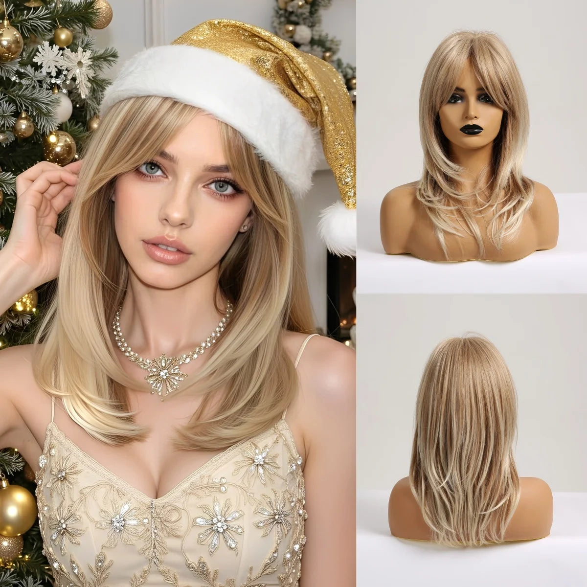 Synthetic Long Blonde Layered Wigs for Women Wig with Bangs Natural Looking Straight High Temperature Hair for Daily Christmas