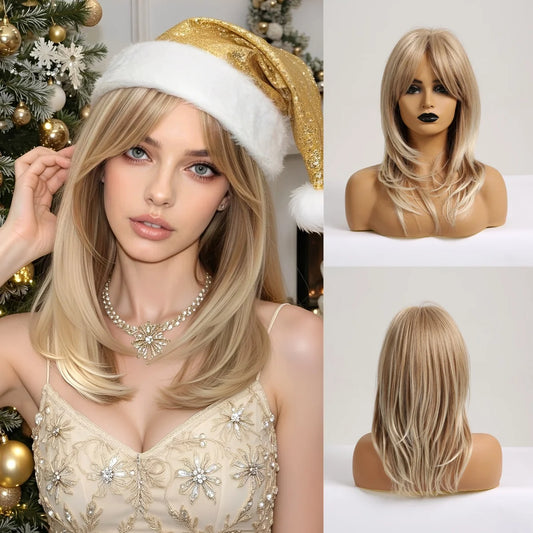 Synthetic Long Blonde Layered Wigs for Women Wig with Bangs Natural Looking Straight High Temperature Hair for Daily Christmas