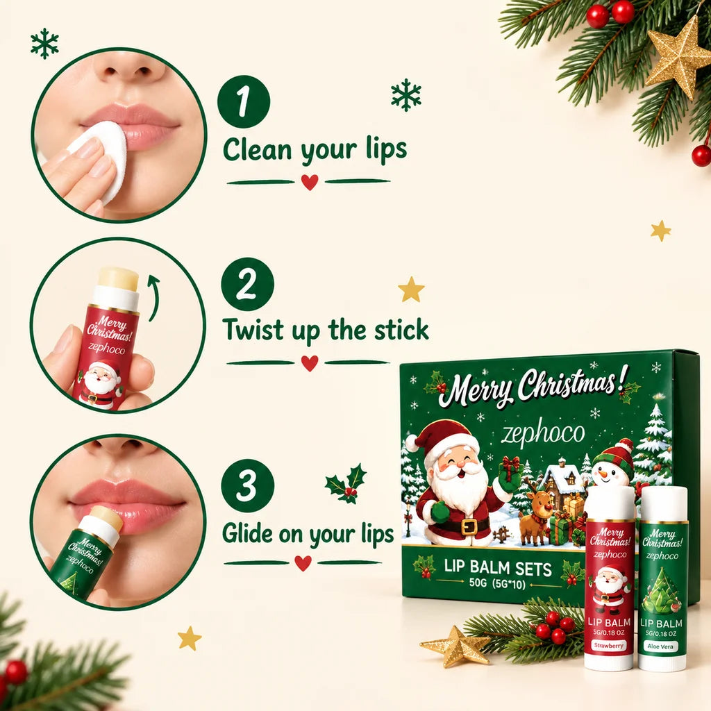 Christmas Lip Balm Set 10 Pack Fruit Flavored Moisturizing Gift Box for Chapped Lips Winter Care Women 50g Christmas Gift