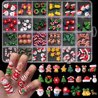 12grid 3D Kawaii Christmas Nail Charms Cute Santa Claus Snowman Bell Stocking Elk Wreath Nail Gems Resin Xmas Manicure Carft D2$