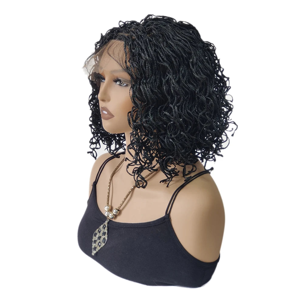 12Inches Synthetic Lace Front Braided Wig Short Bob Braids Handmade Micro Cornrow Braid Knotless Box Braid Curly Wigs