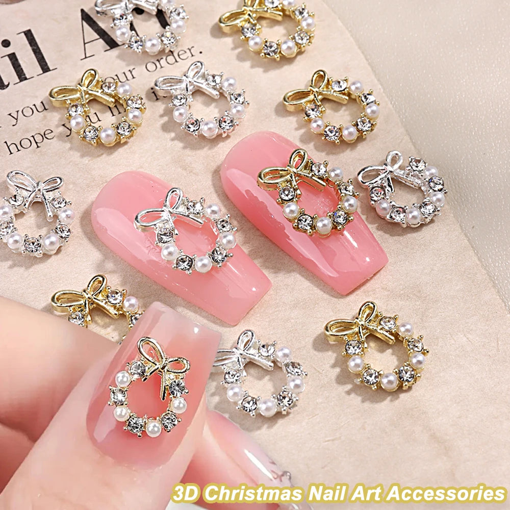 3D Christmas Nail Art Charms; Gold & Silver Bows and Wreaths; Cute Winter Designs for DIY Manicures and Salon Accessories