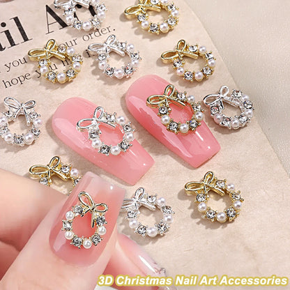 3D Christmas Nail Art Charms; Gold & Silver Bows and Wreaths; Cute Winter Designs for DIY Manicures and Salon Accessories