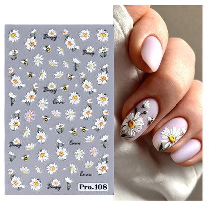5D Daisy Flower Nail Stickers Cute Bee Blossom Petal Insect Self Adhesive Manicure Decal DIY Spring Summer Nail Art Decoration