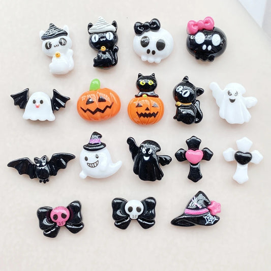 20Pcs Cute Cartoon Halloween cat, pumpkin, bat Nail Art Resin Designer Charms DIY Craft For Nail 3D Decorations Jewelry