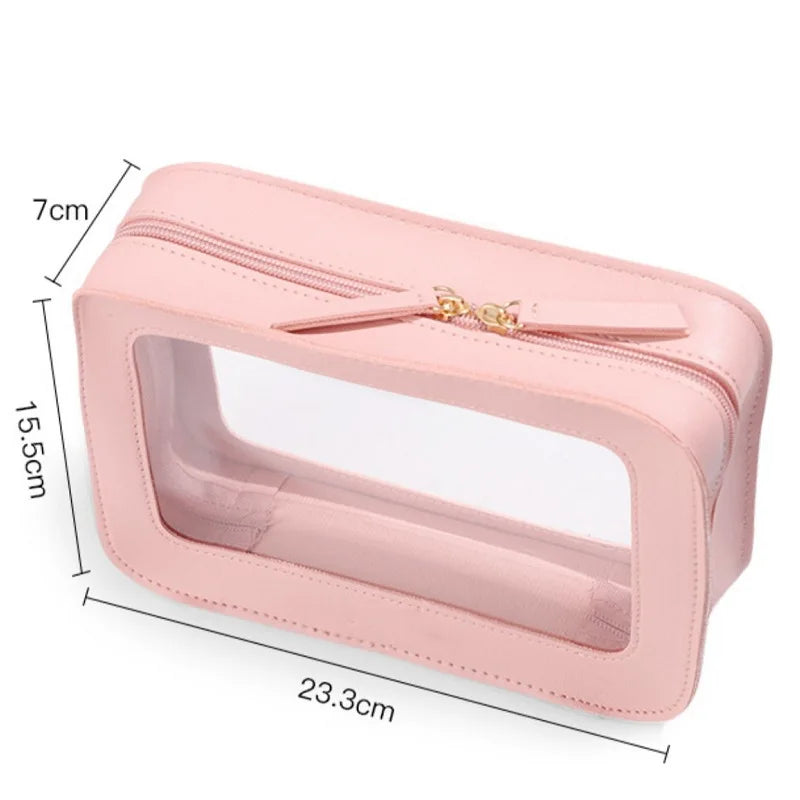 LUSQI Minimalist Transparent PVC Waterproof Cosmetic Leather Makeup Bag Travel Portable Toiletry Bag