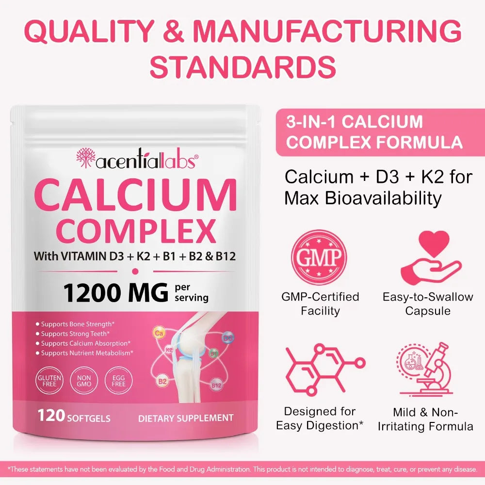 Calcium 1200mg D3 K2 B12 Softgels for Bone Strength, Teeth, Muscle, Heart & Immune Health, Gluten Free & Non-GMO, 120 Softgels