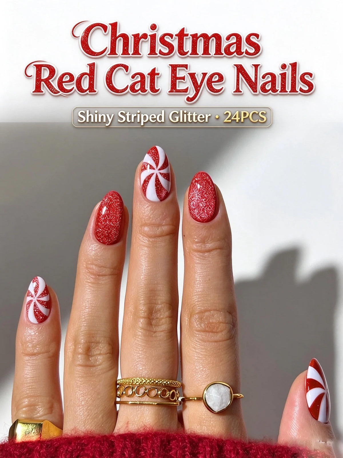 24PCS Red Cat Eye Striped French Christmas Press-On Nails Shiny High-Quality Reusable False Nail Tips Wholesale