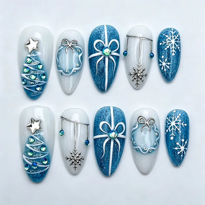 24PCS Christmas Red Almond Press on Nails Sweet 3D Gingerbread Man Xmas Tree Snowflake Design False Nails Wearable Acrylic Nails