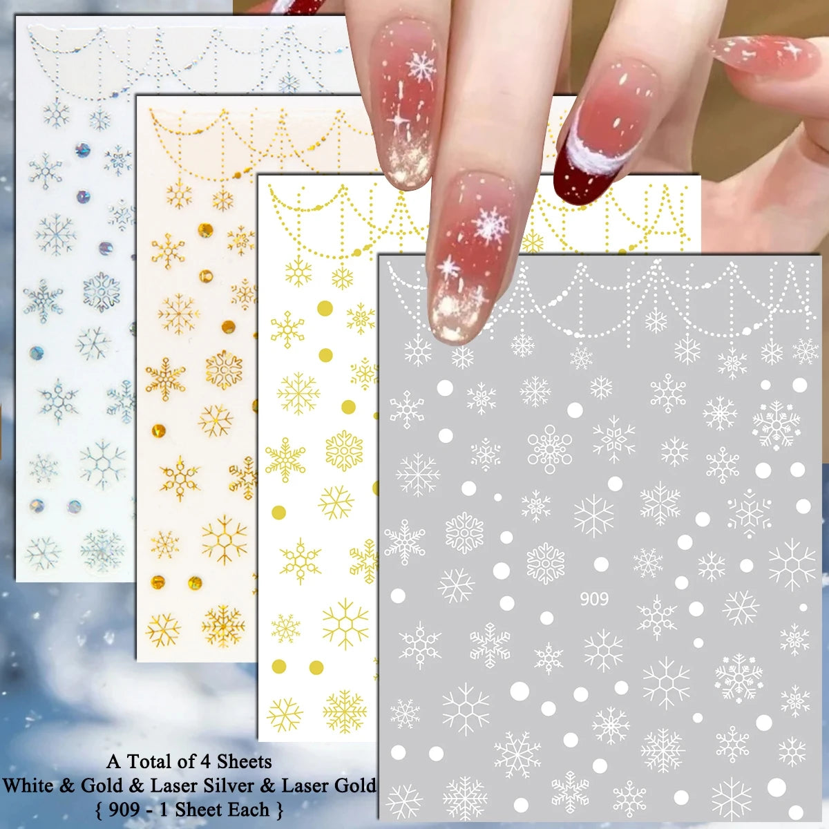 4 to 24 Sheets Xmas Snowflake Gold Silver Blue Holographic Self-Adhesive Winter Christmas Decor DIY Manicure Nail Art Stickers