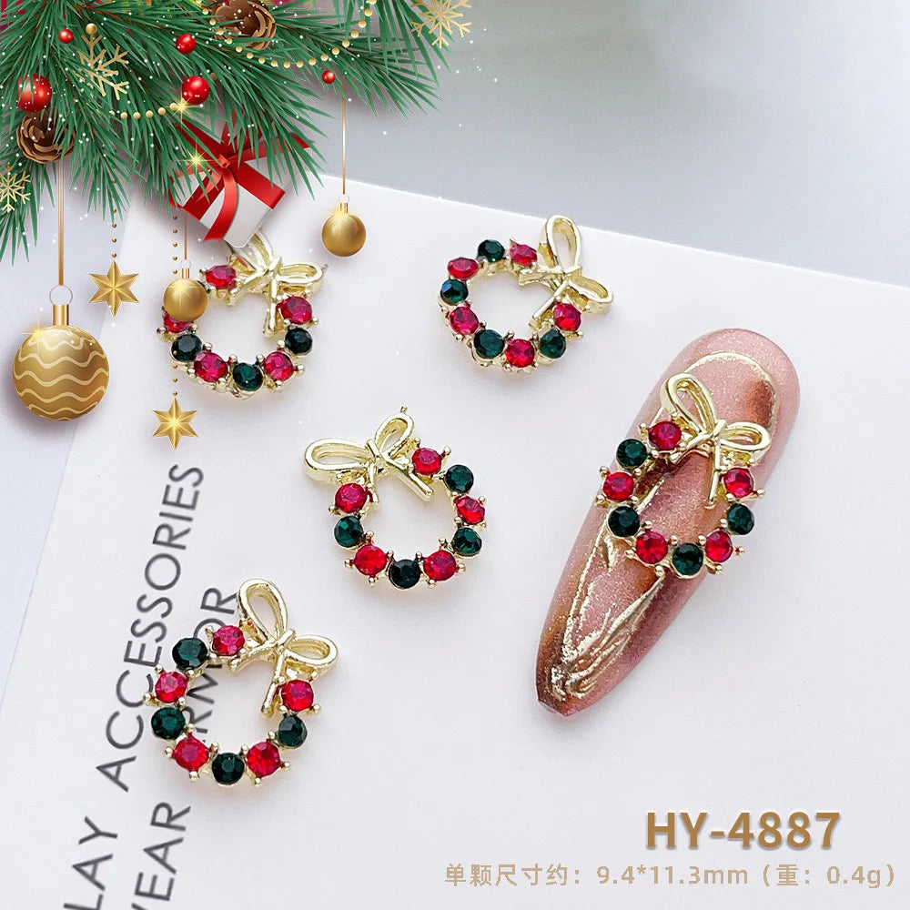 Luxury Christmas Wreath Nail Art Charms Pink Bow Pearl Diamond Gold Silver Alloy Nails 3D Decoration Jewelry for Manicure Design
