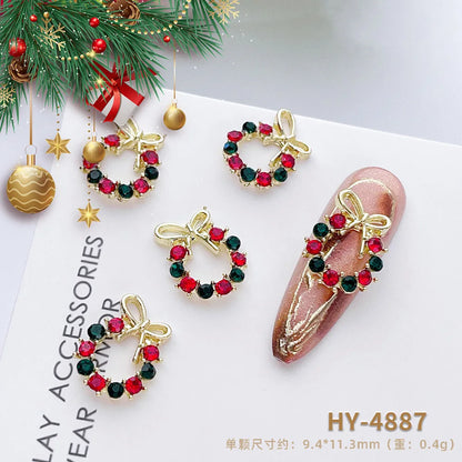 Luxury Christmas Wreath Nail Art Charms Pink Bow Pearl Diamond Gold Silver Alloy Nails 3D Decoration Jewelry for Manicure Design