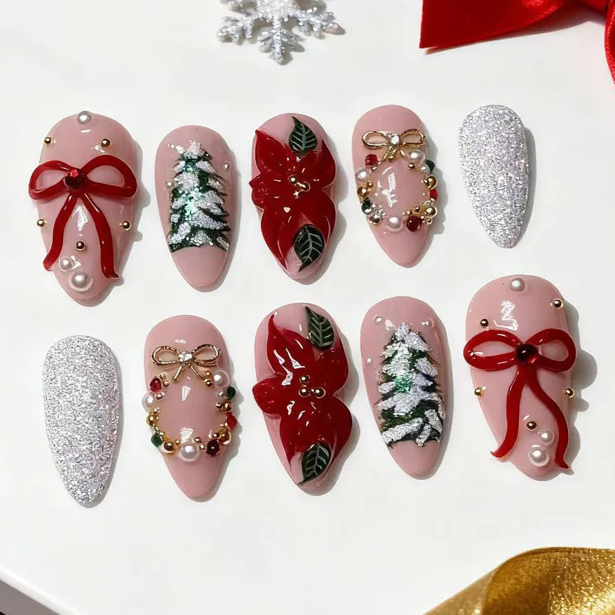 24Pcs Christmas Mid-length Almond Fake Nail Acrylic Full Cover Golden Snowflake Bow Nail Set Press on Red Gradient False Nails