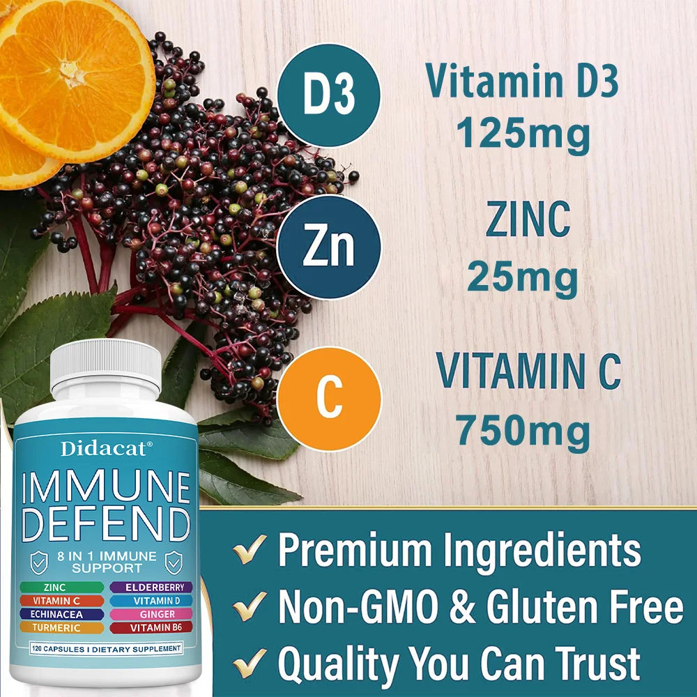 8 in 1 Immune Defense Support, Immunity Capsules Supplement with Echinacea, Vitamin C, D, Turmeric Curcumin & Ginger