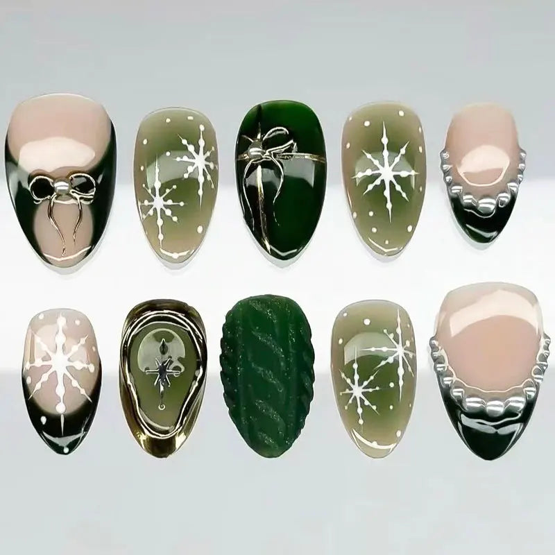 10Pcs Winter Vintage Wine Red Gilded Christmas Tree European and American Style Press On Nails With Cat Eyes Nail Art Patches