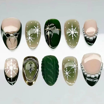 10Pcs Winter Vintage Wine Red Gilded Christmas Tree European and American Style Press On Nails With Cat Eyes Nail Art Patches