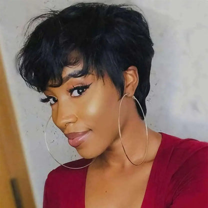 PIxie Cut Wigs for Black Women Human Hair Short Bob Wig Human Hair Wigs with Bangs Layered Style Bob Wigs for Women Machine