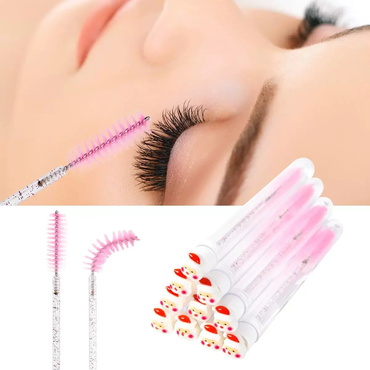 10PCS Christmas Mascara Wand in Tube with 50pcs Nylon Bristles for Eyelash Extension and Replacement Eyelash Brush Eyelash Comb