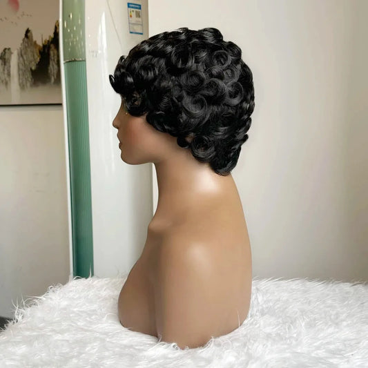 Premium 100% Brazilian Human Hair Wig,6 Inch Natural Black Layered Straight Pixie Bob Wig Full Machine Made Hairpiece