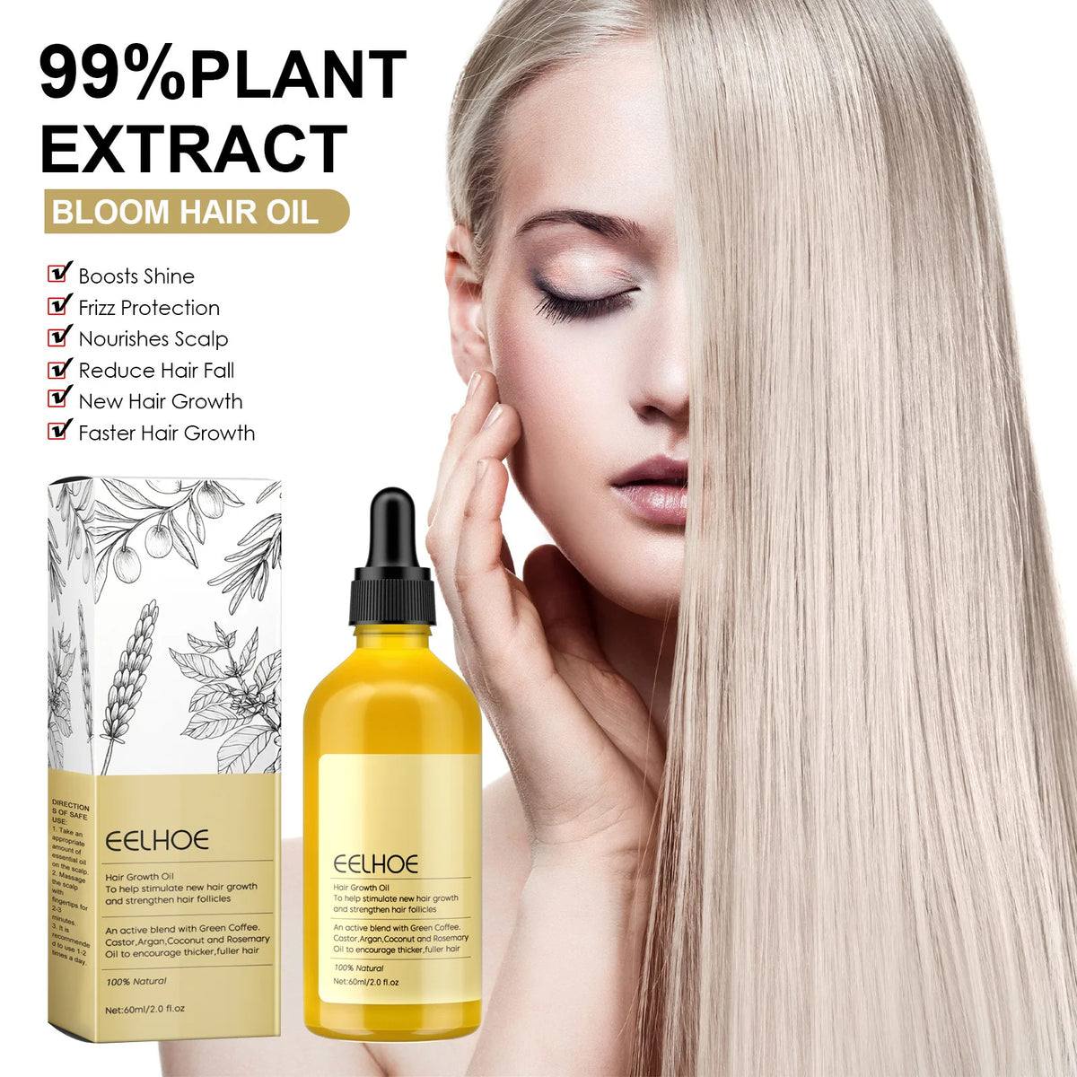 EELHOE Natural Rosemary Hair Growth Essential Oil Smooth Hair Strengthening Repair Hair Loss Prevention Rosemary Essential Oil