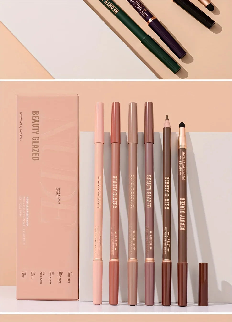 Beauty Glazed 6pcs Matte Nude Sponge Lip Liner Set  Long-Lasting Silky Waterproof Texture Multi-Function Makeup Pens