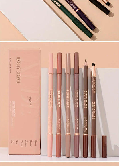 Beauty Glazed 6pcs Matte Nude Sponge Lip Liner Set  Long-Lasting Silky Waterproof Texture Multi-Function Makeup Pens