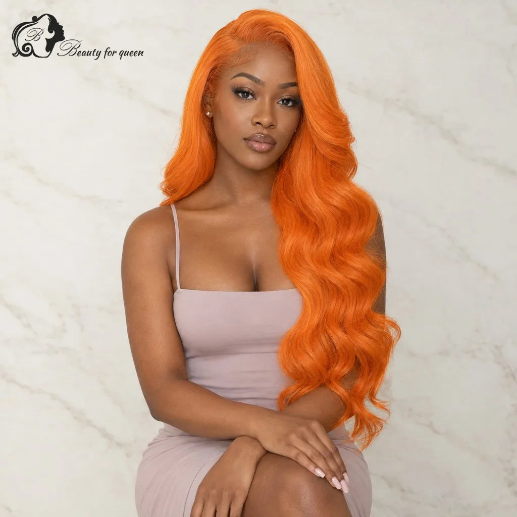 Tangerine Orange Body Wave Wig Long Bleached Knots Voluminous Luxe Glue And Go Bold Soft Brazilian Smooth Deep Parting Lustrous