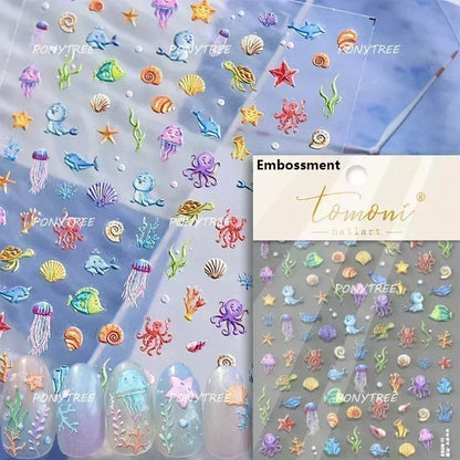 Gold Stamped Shell Conch Scallop Starfish Pearl 5D Embossed Self Adhesive Nail Art Stickers Delicate Ocean Style Manicure Decals
