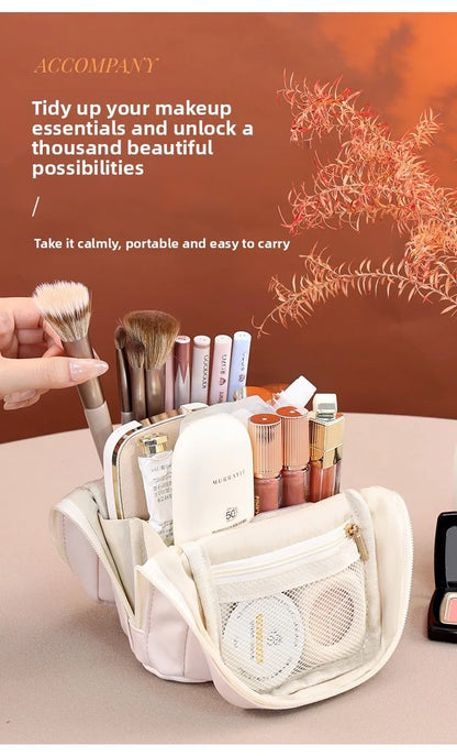 Stand-Up Flap Cosmetic Pouch Portable for Business Trips Makeup Bag Medicine Storage Pouch PU Makeup Brush Storage Cosmetic Bags