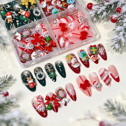 96PC 3D Red Green Medium Almond Christmas Press On Nails Cute Elk/Bell/Snowman/Santa Claus/Xmas Tree Fake Nails Full Cover Nails