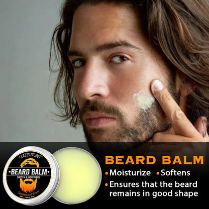 Men Beard Care Kit Beard Oil Balm Moisturizing Nourishing Soften Moustache Growth Strengthen Enhancer Oil with Trim Tool