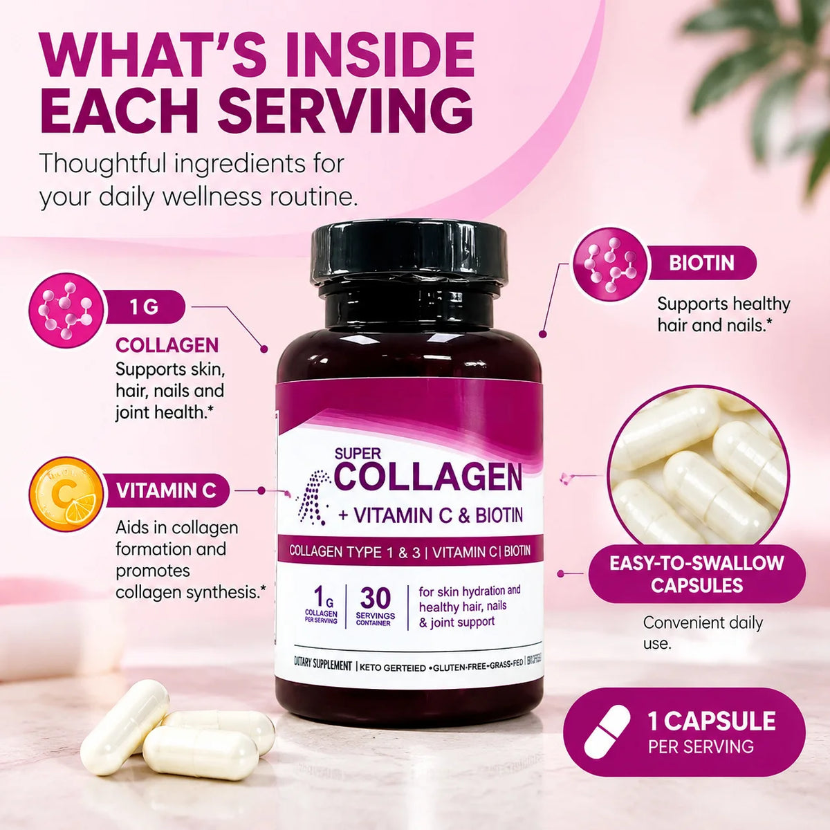 Collagen Capsules for Skin Hydration, Strong Hair & Nails Joint Support, Type 1 &3 Collagen with Vitamin C & Biotin, 60 Capsules