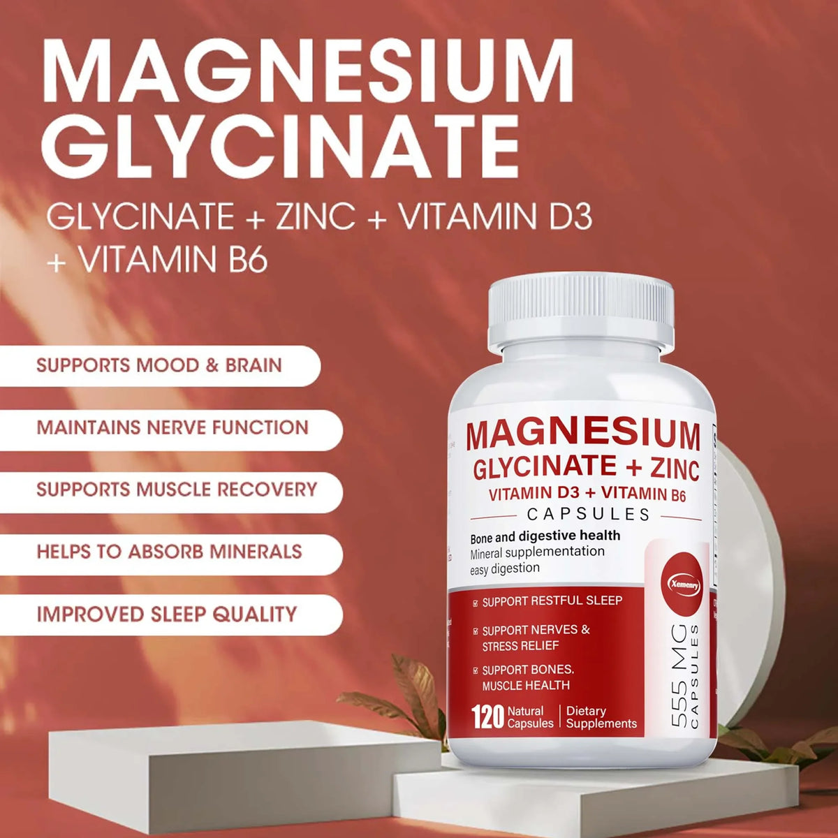 Magnesium Glycinate + Zinc - Improves Sleep Quality, Promotes Cardiovascular Bone and Heart Health, Promote Intestinal Digestion