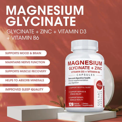 Magnesium Glycinate + Zinc - Improves Sleep Quality, Promotes Cardiovascular Bone and Heart Health, Promote Intestinal Digestion