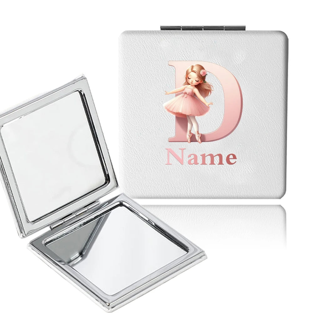 Customized Name PU Handheld Makeup Mirror Cover Dressing Double-Sided Portable Foldable Pocket Cosmetic Mirror