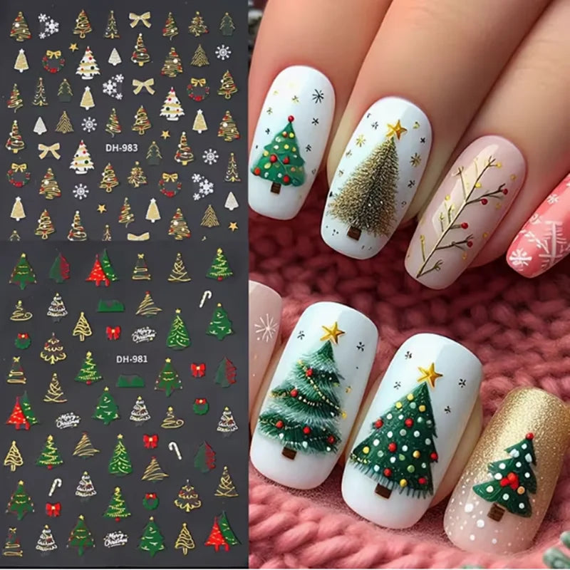 3pcs Christmas nail stickers - featuring green trees, red bows, and gold decorations - self-adhesive tree snowflake stickers